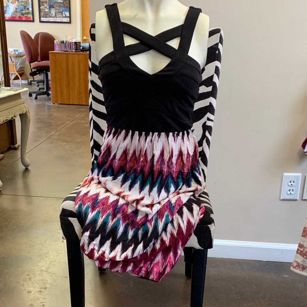 Crystal Doll Black Bodice Maxi with Pink, Teal & White Chevron Skirt